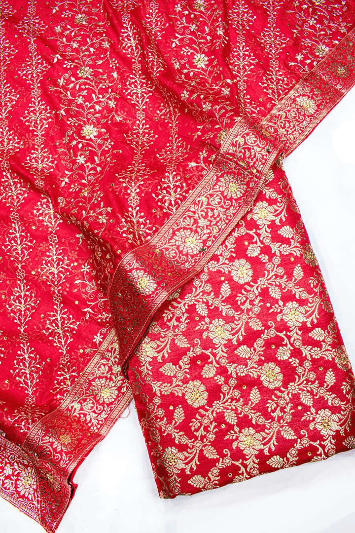 New Red Stone Kimkhab Silk Banarasi Gharara With Trending Duppata