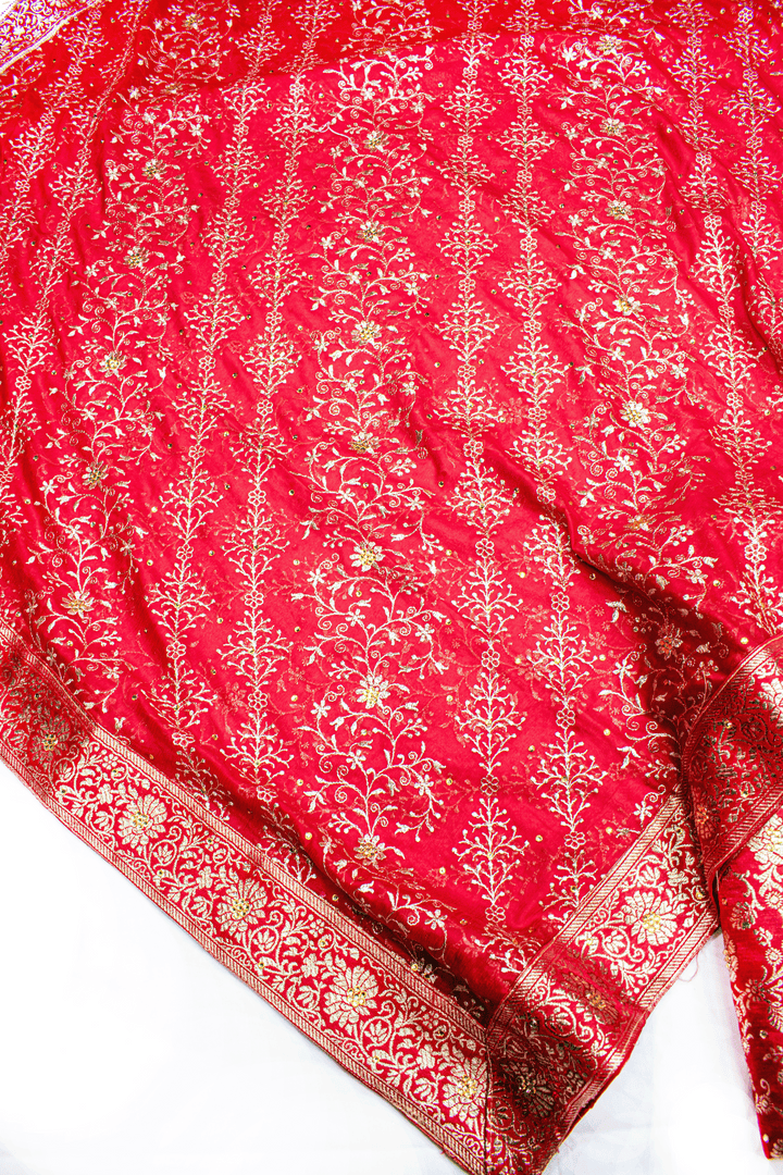 New Red Stone Kimkhab Silk Banarasi Gharara With Trending Duppata