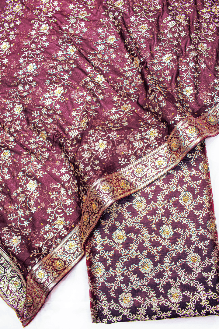 Maroon Stone Kimkhab Silk Banarasi Gharara With Lehirya Duppata