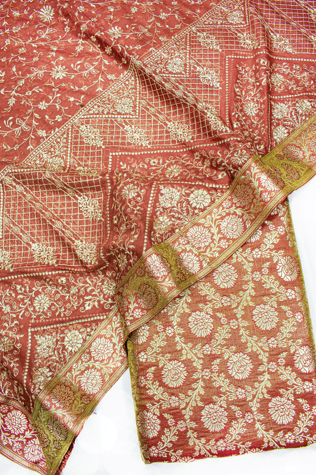 New Shaded Mustard Red Colour Designer Kimkhab Silk Gharara