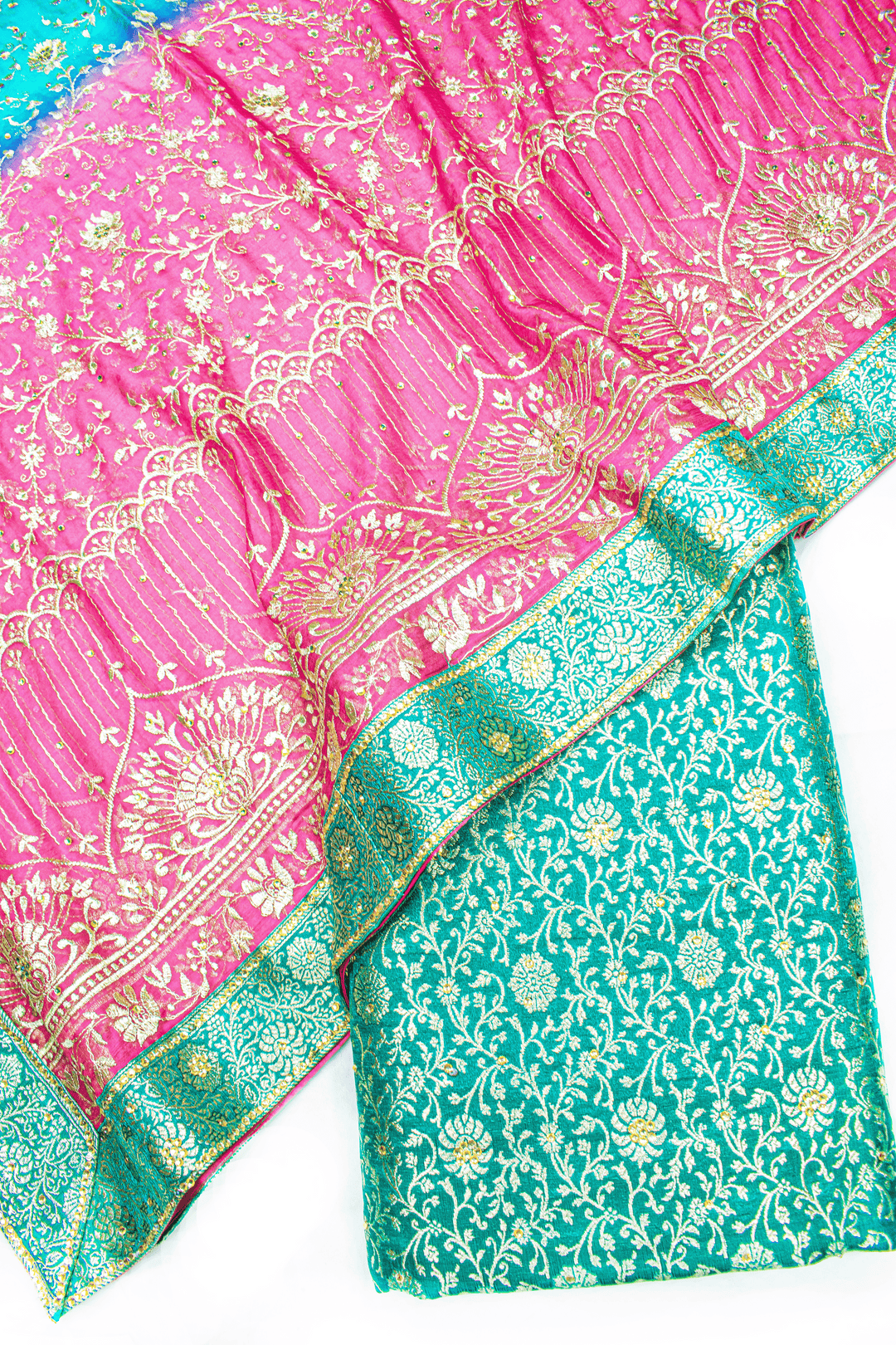 Rama Green Contrast Duppata Stone Kimkhab Silk Banarasi Gharara