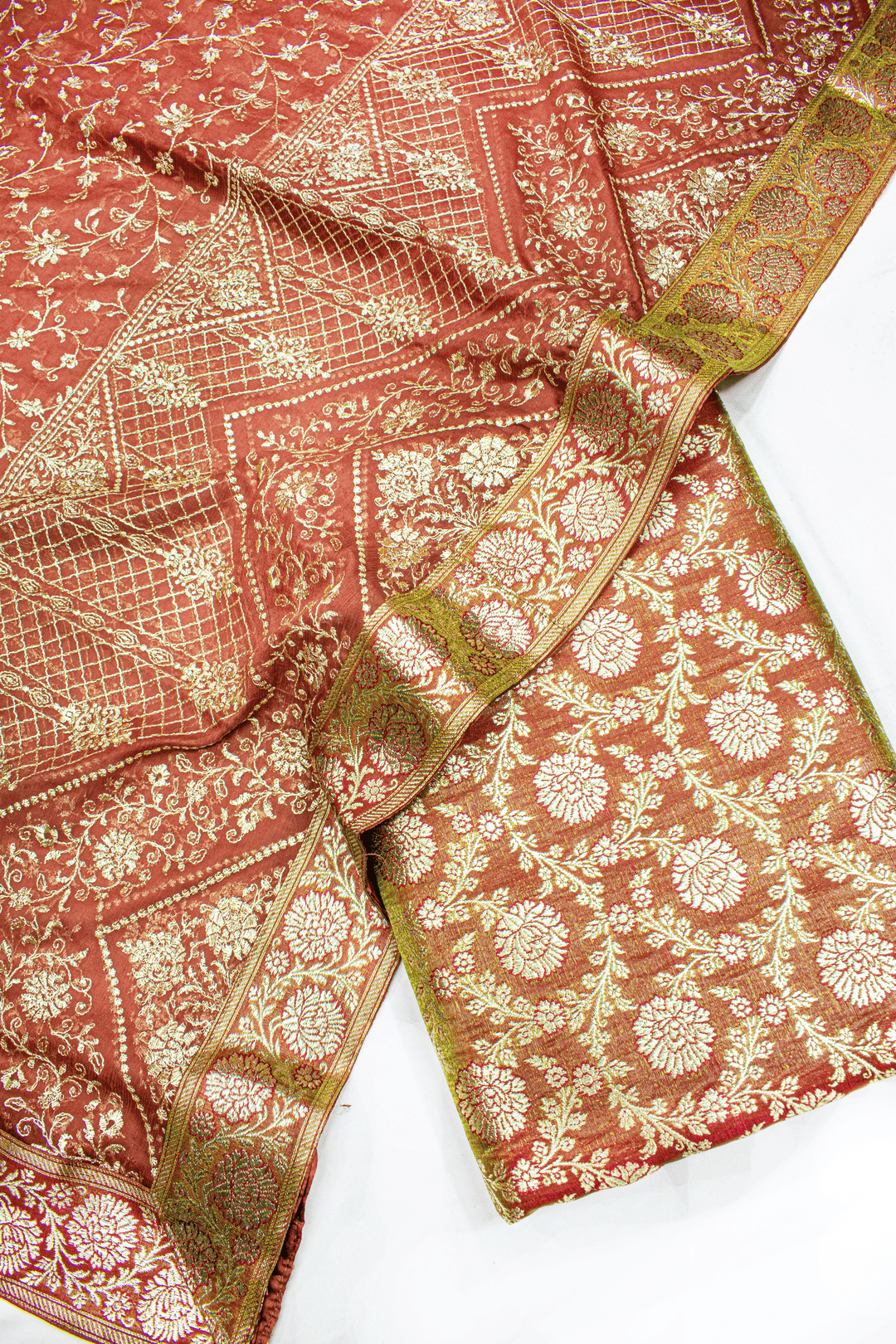 New Shaded Mustard Red Colour Designer Kimkhab Silk Gharara