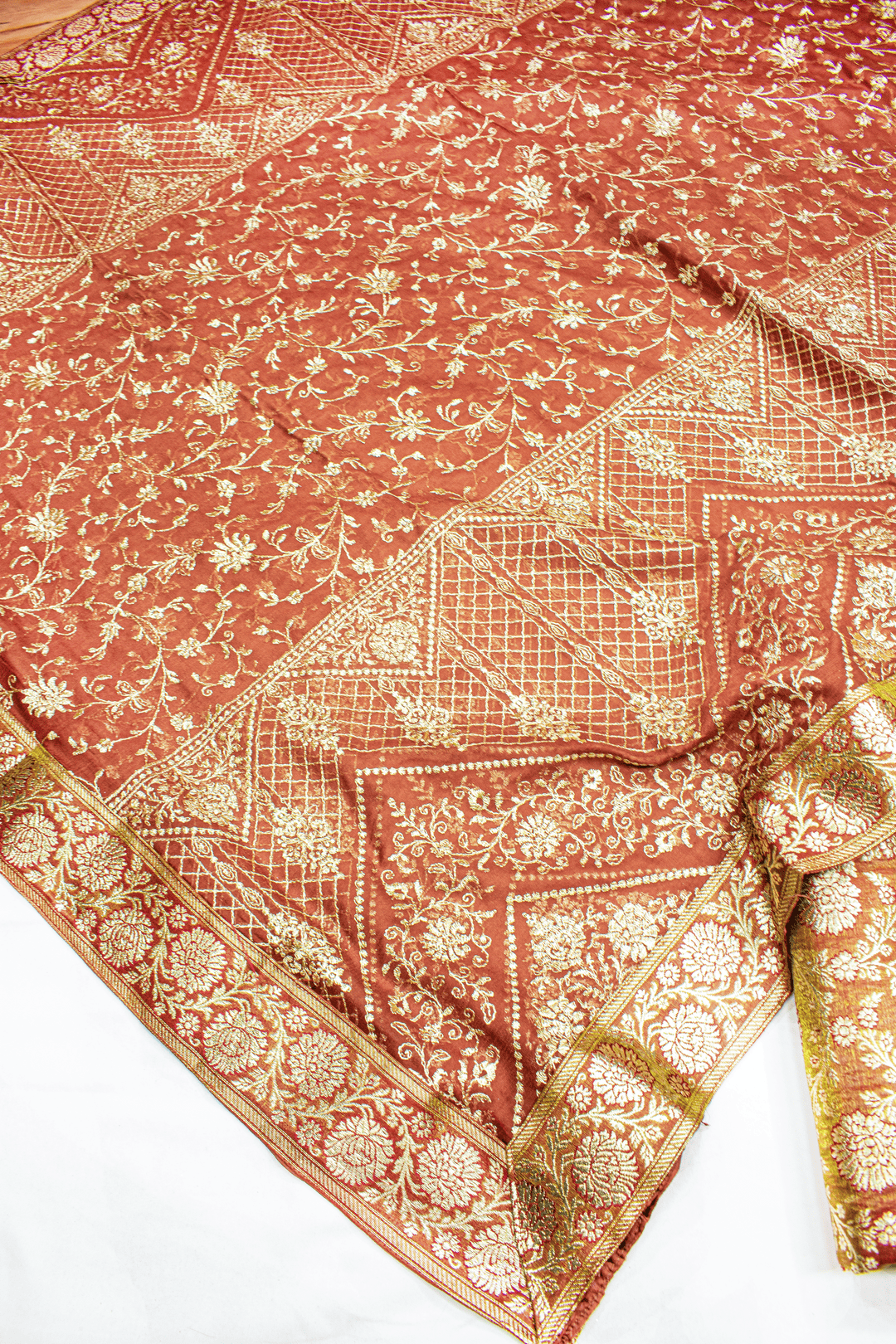 New Shaded Mustard Red Colour Designer Kimkhab Silk Gharara