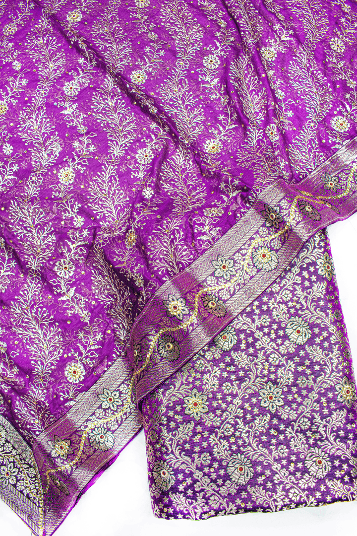 New Lehirya Duppata Purple Stone Kimkhab Silk Banarasi Gharara