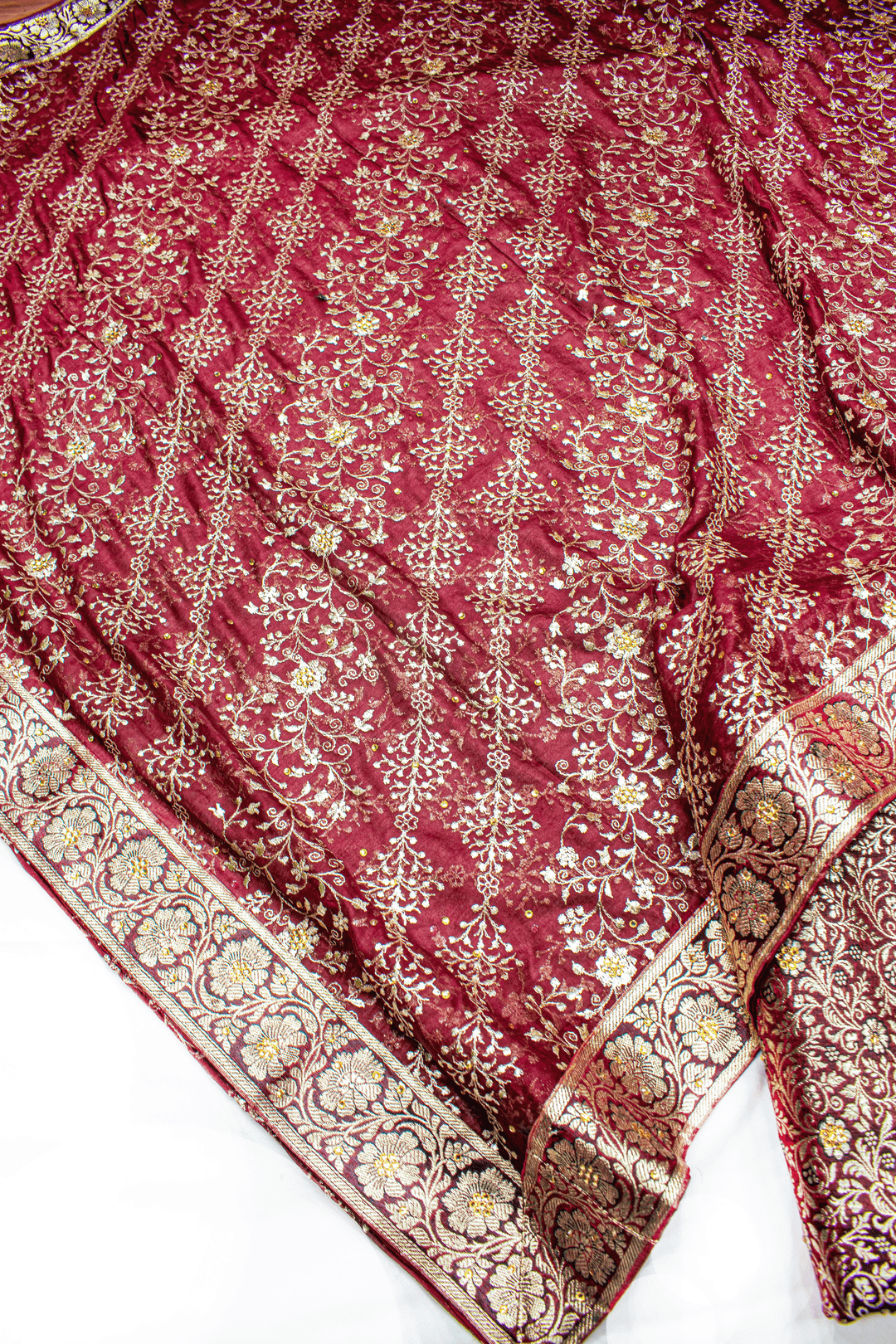 Lehirya Duppata Dark Maroon Stone Kimkhab Silk Banarasi Gharara