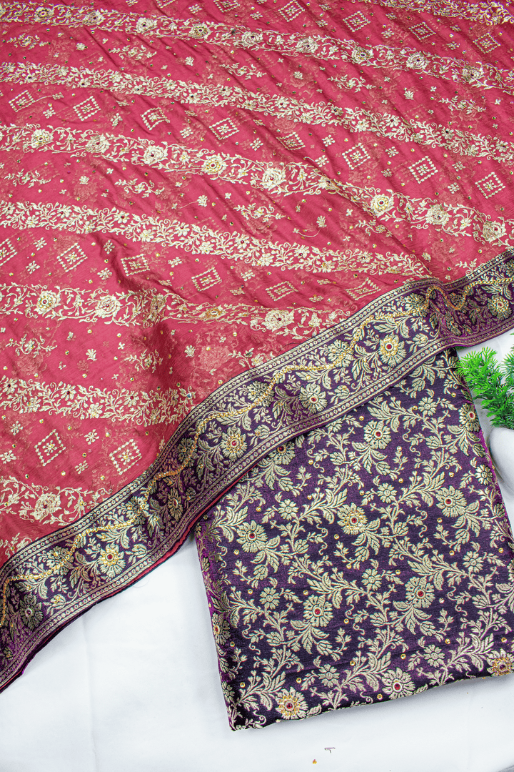 Dark Purple Contrast Duppata Stone Kimkhab Silk Banarasi Gharara