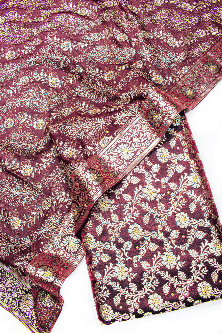 Maroon Stone Kimkhab Silk Banarasi Gharara With Lehirya Duppata