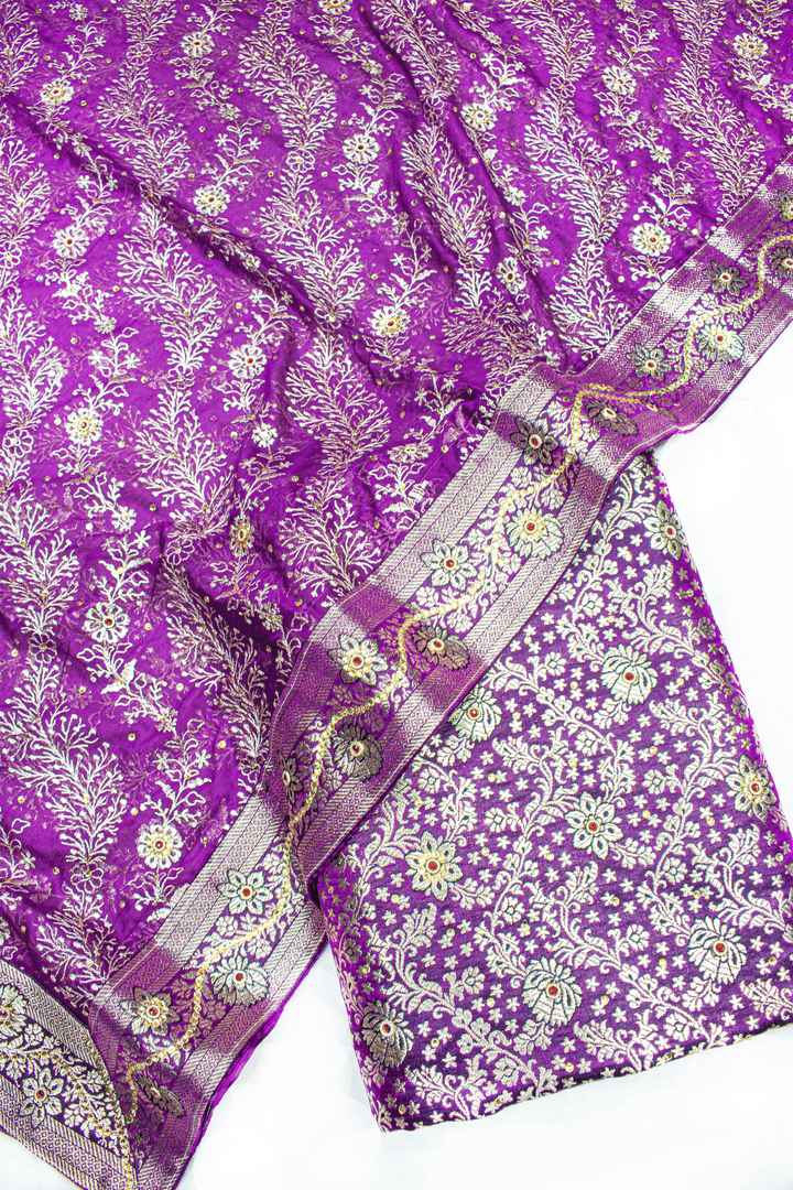 New Lehirya Duppata Purple Stone Kimkhab Silk Banarasi Gharara