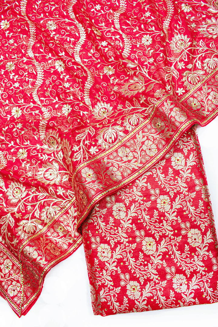 New Red Stone Kimkhab Silk Banarasi Gharara With Heavy Duppata