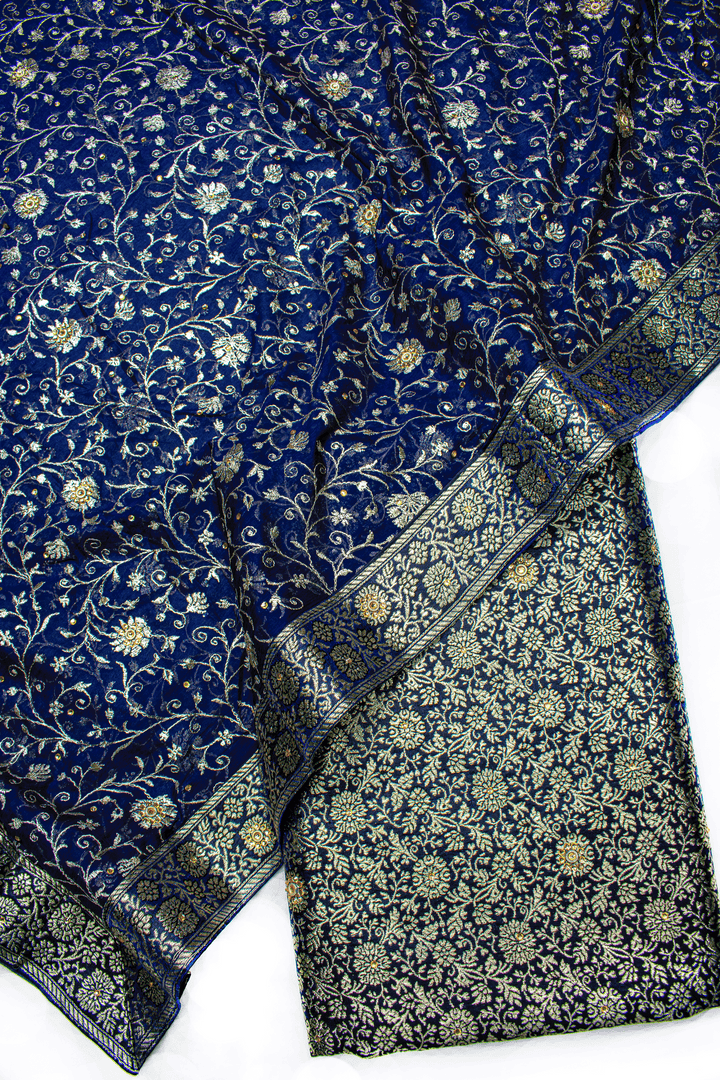 Jaal Heavy Kadhai Navy Blue Stone Kimkhab Silk Banarasi Gharara