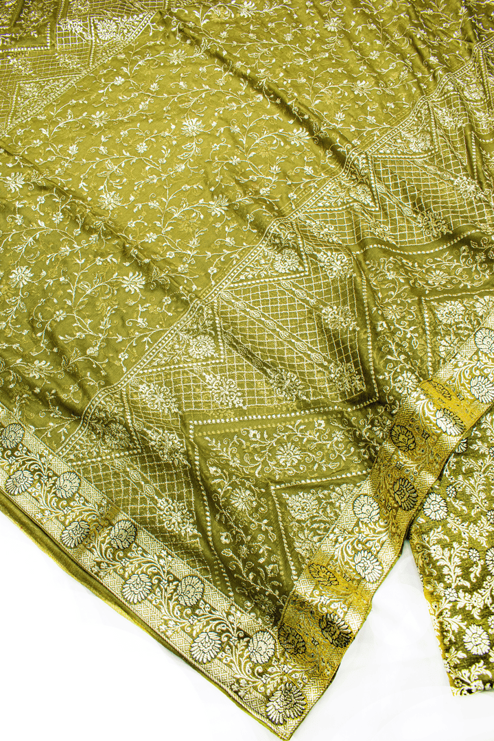 Shiny Mehndi Kimkhab Silk Banarasi Gharara With Fancy Duppata