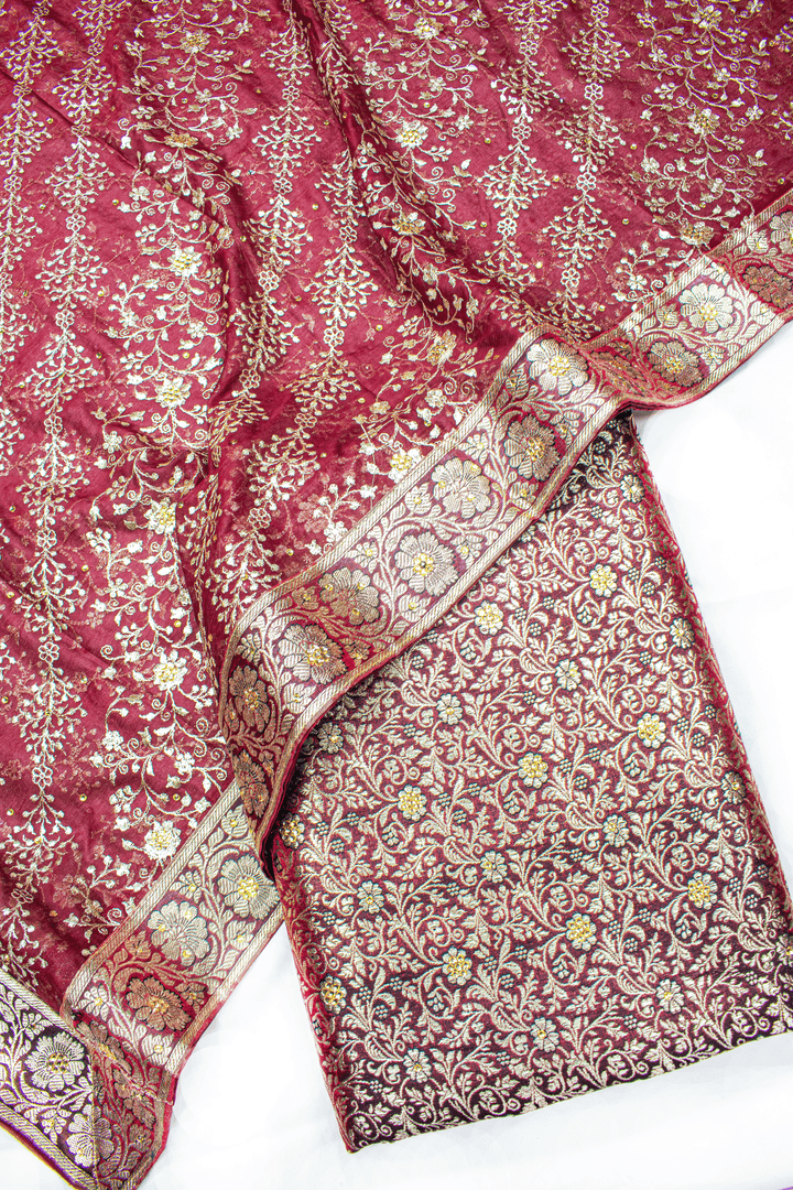 Lehirya Duppata Dark Maroon Stone Kimkhab Silk Banarasi Gharara