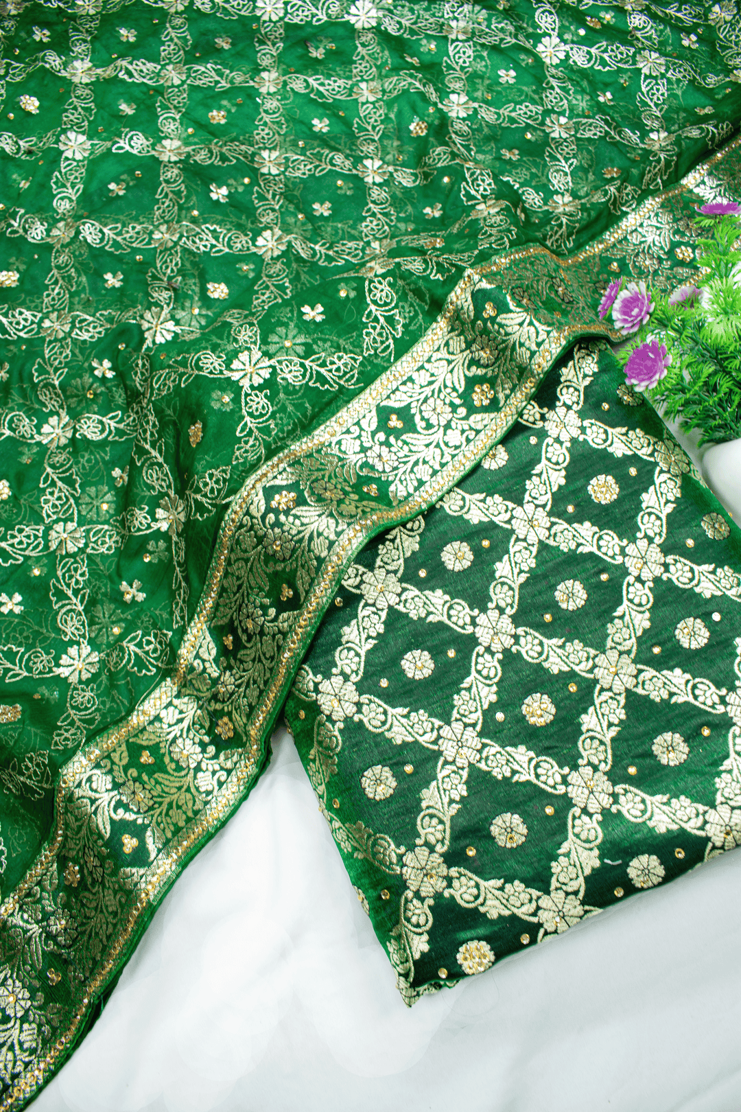 Latest Fancy Design Dark Green Stone Kimkhab Silk Banarasi Gharara