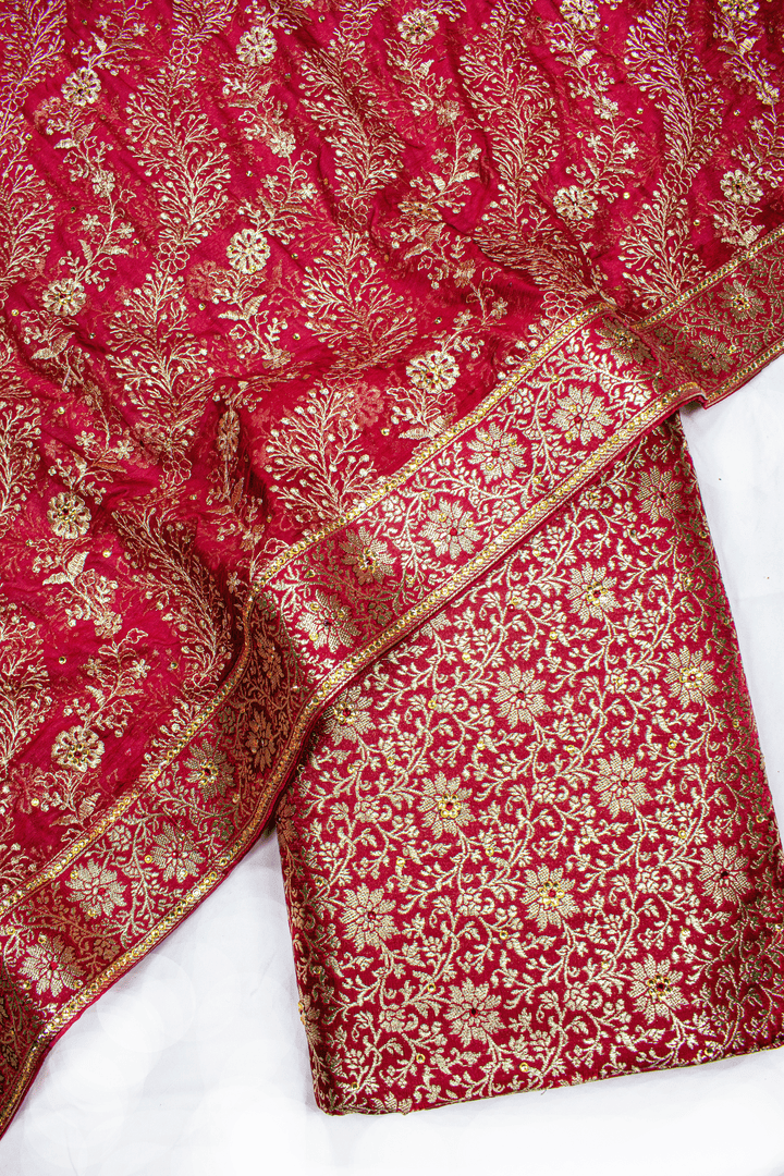 New Maroon Lehirya Duppata Stone Kimkhab Silk Banarasi Gharara