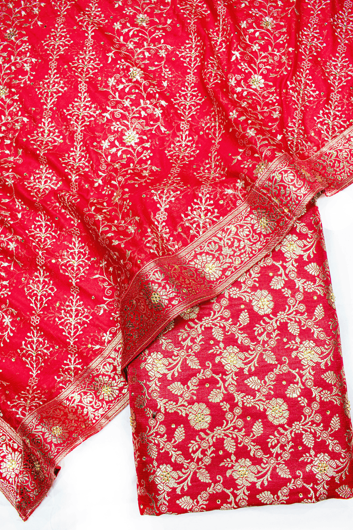 New Red Stone Kimkhab Silk Banarasi Gharara With Trending Duppata