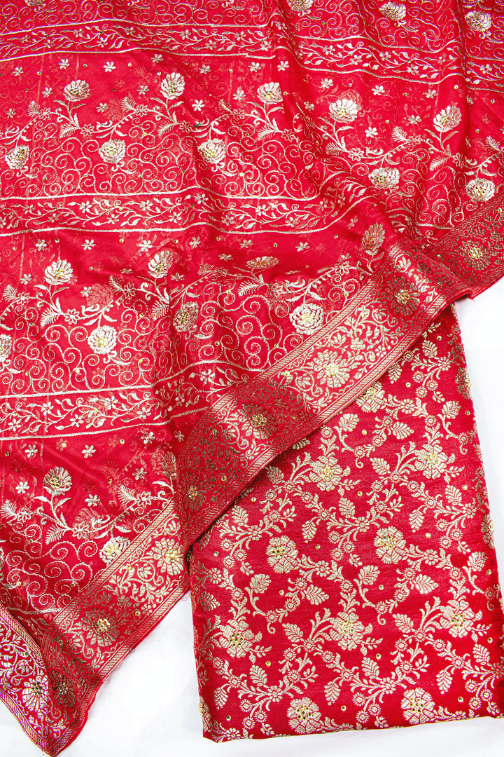 New Red Stone Kimkhab Silk Banarasi Gharara With Lehirya Gharara