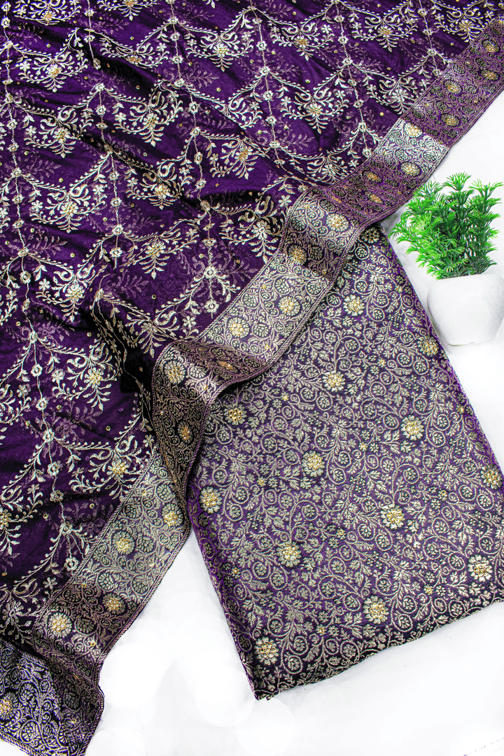 New Fancy Duppata Purple Stone Kimkhab Silk Banarasi Gharara