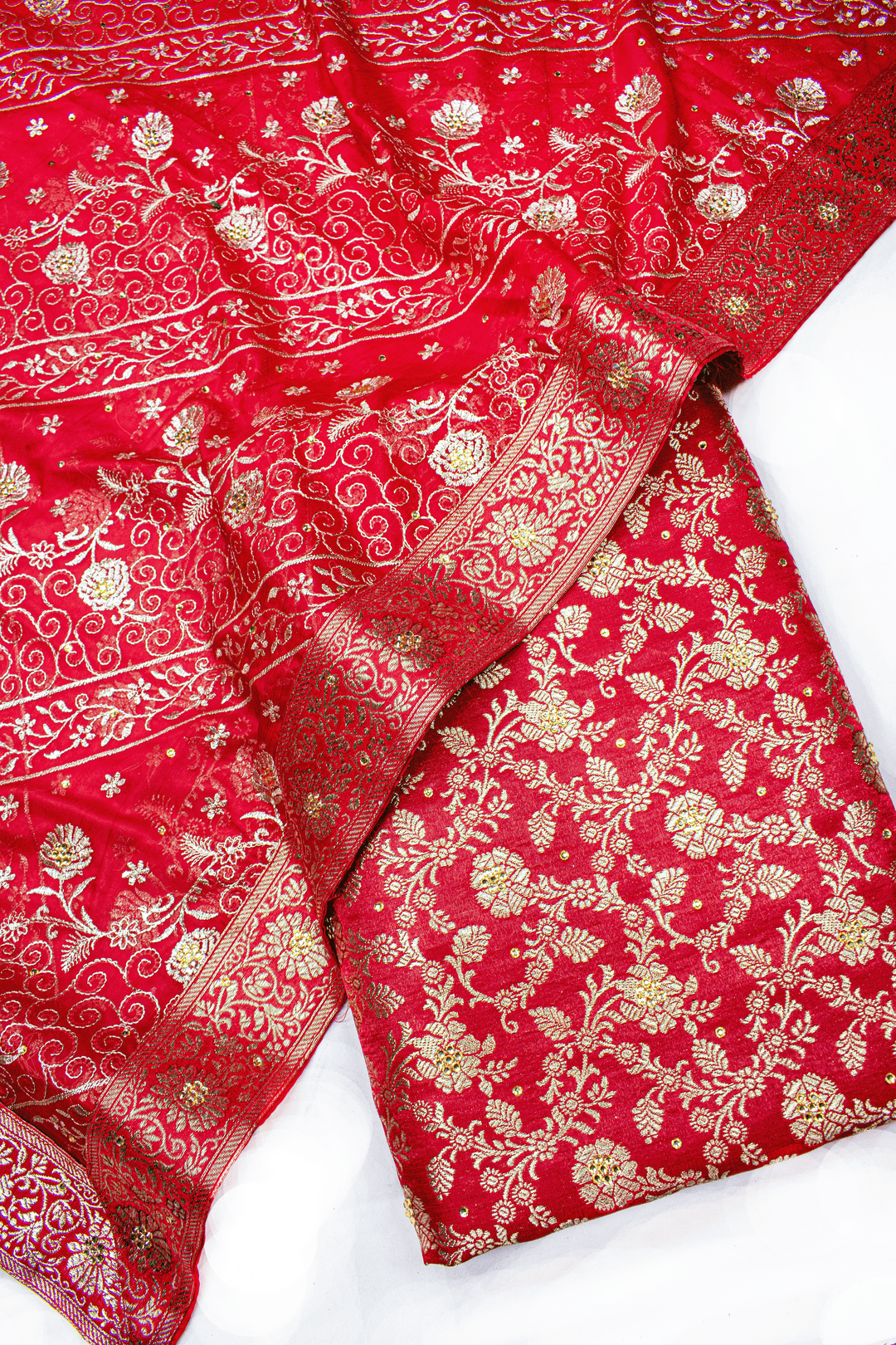 New Red Stone Kimkhab Silk Banarasi Gharara With Lehirya Gharara