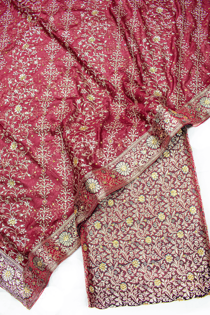 Maroon Stone Kimkhab Silk Banarasi Gharara With Lehirya Duppata