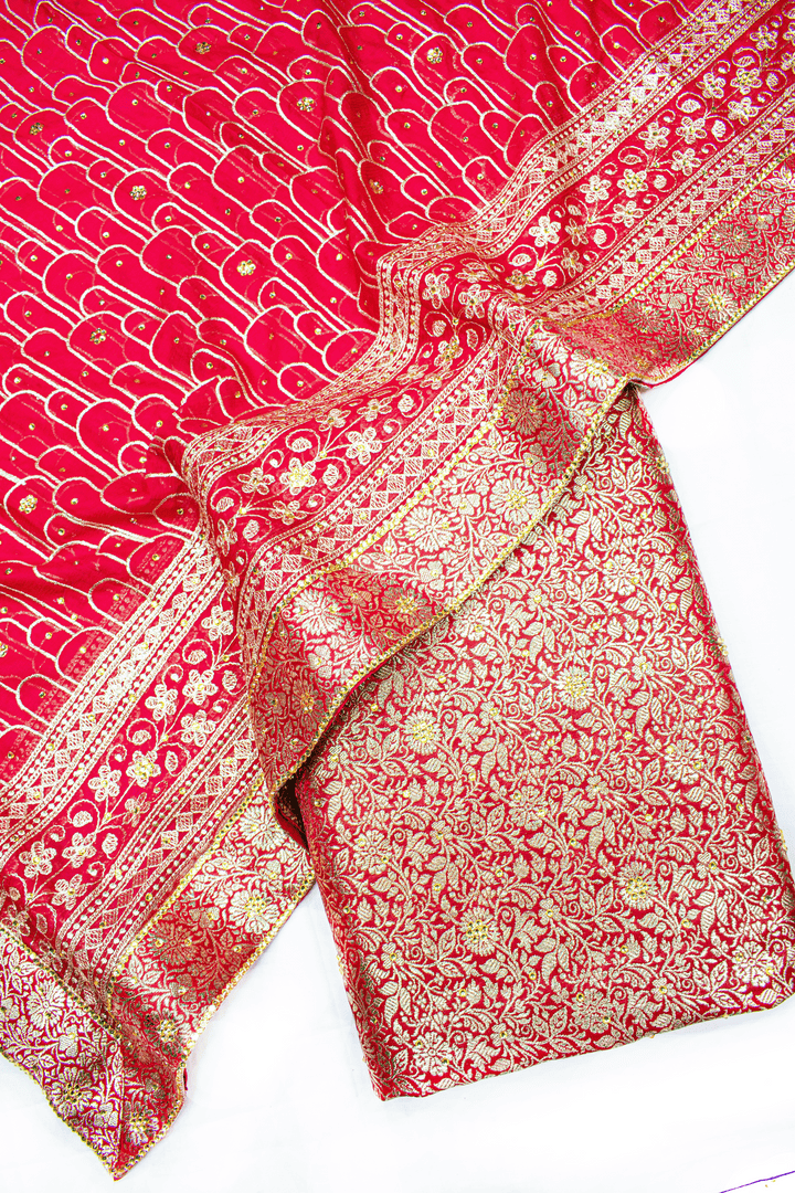 New Red Stone Kimkhab Silk Banarasi Gharara With Trending Duppata