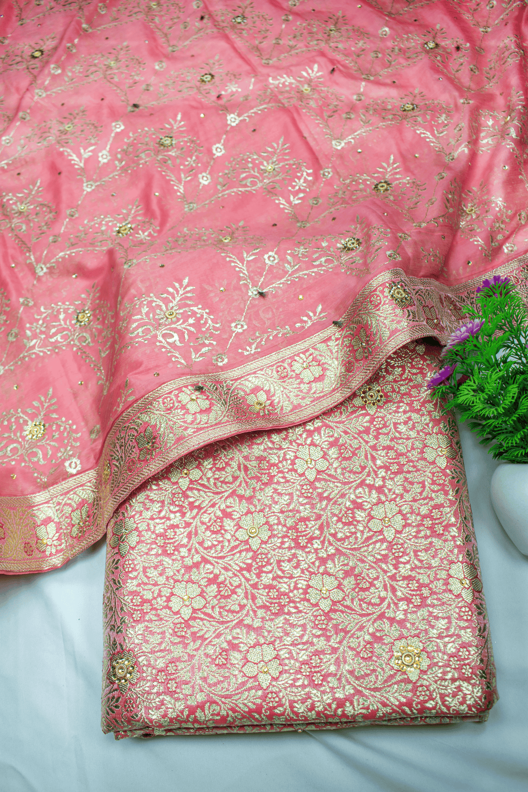 Trending Floral Design Peach Stone Kimkhab Silk Banarasi Gharara